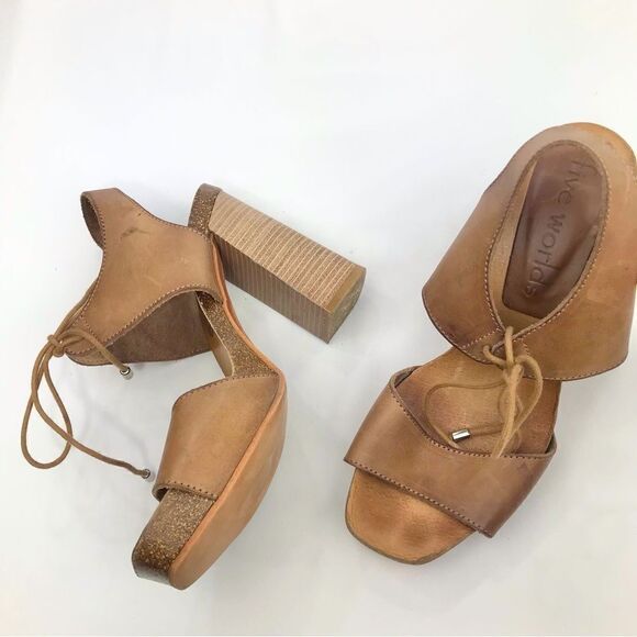Five Worlds Brown Leather Lace Tie Stacked Heel Platform Sandals - Picture 2 of 16